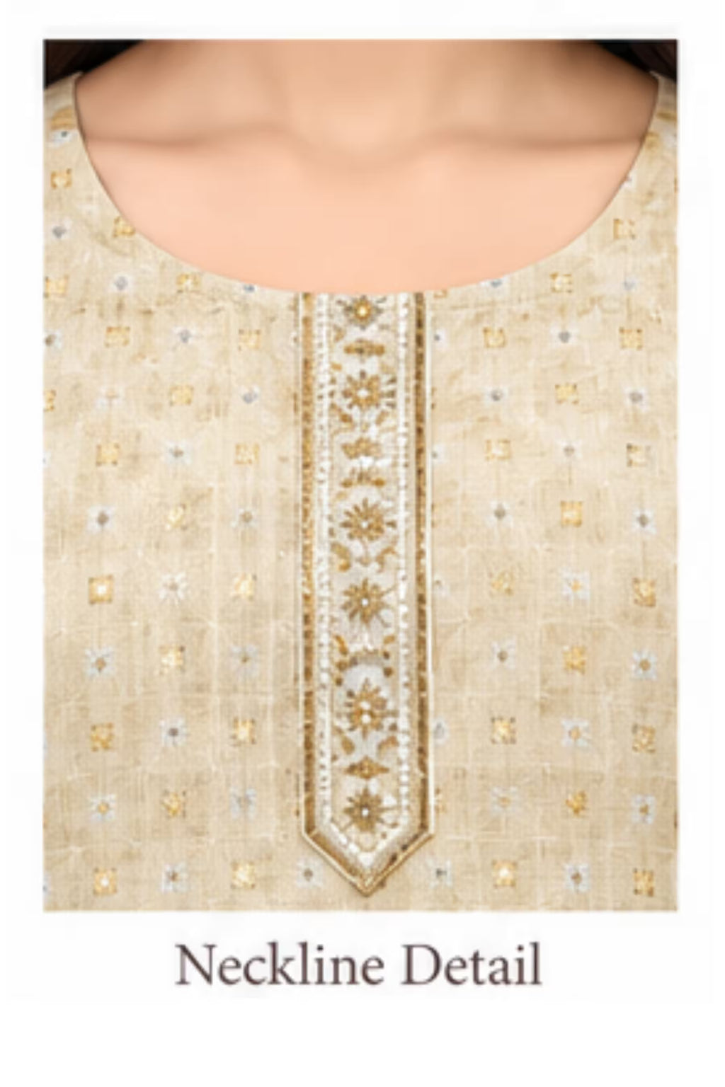 Neckline detail - Beige Cotton Straight Kurta Pant Set with Dupatta | Bavis Clothing