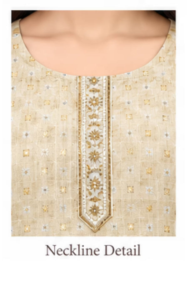 Neckline detail - Beige Cotton Straight Kurta Pant Set with Dupatta | Bavis Clothing