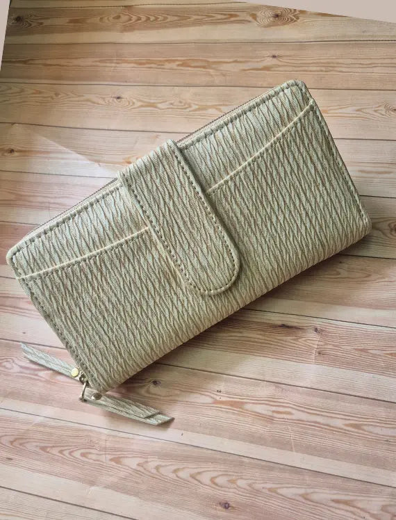 Beige Women's Long Wallet with Card Slots & Zip Closure
