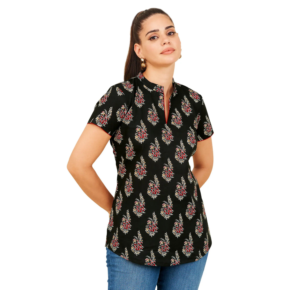 Black Bagh Hand Block Print Short Tops | Stylish Cotton Wear Main image