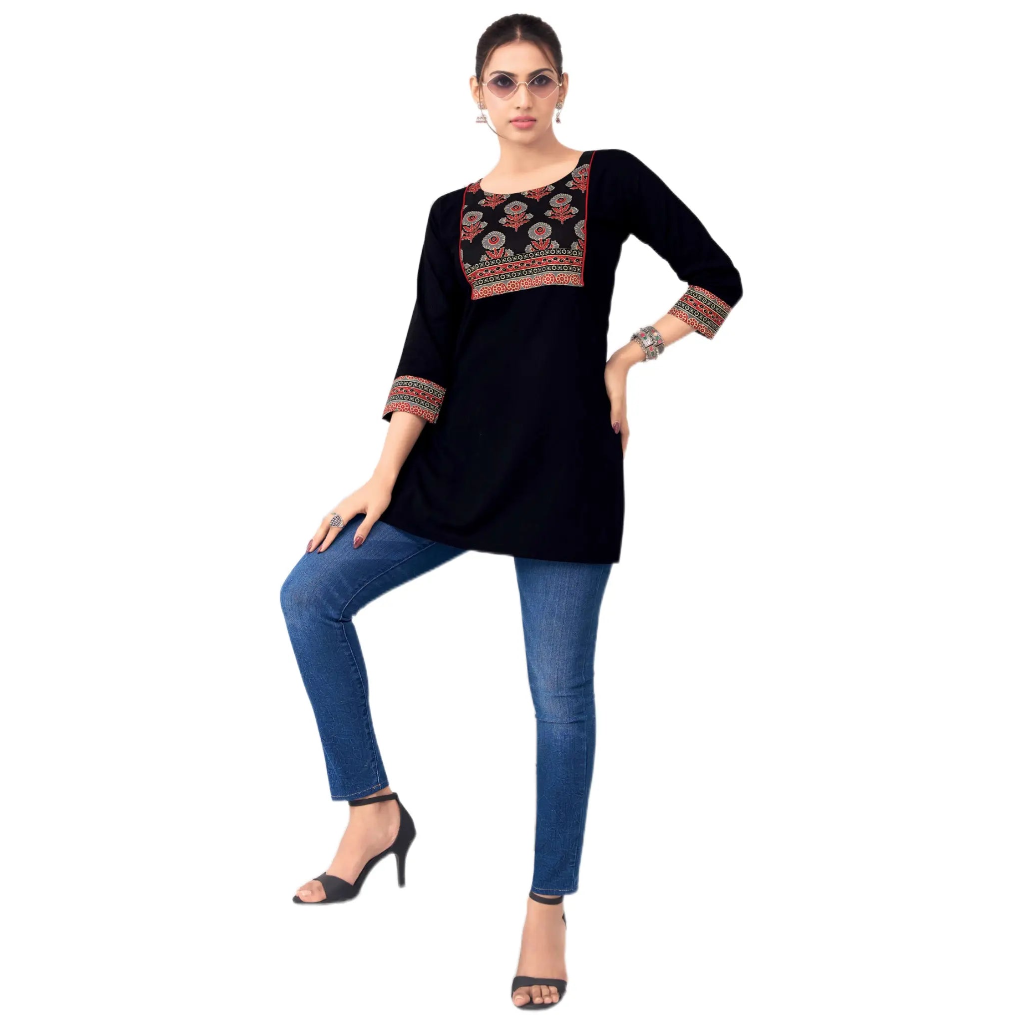 Black Cotton Short Top with Rust Red Traditional Block Print Main image