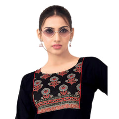 Black Cotton Short Top with Rust Red Traditional Block Print