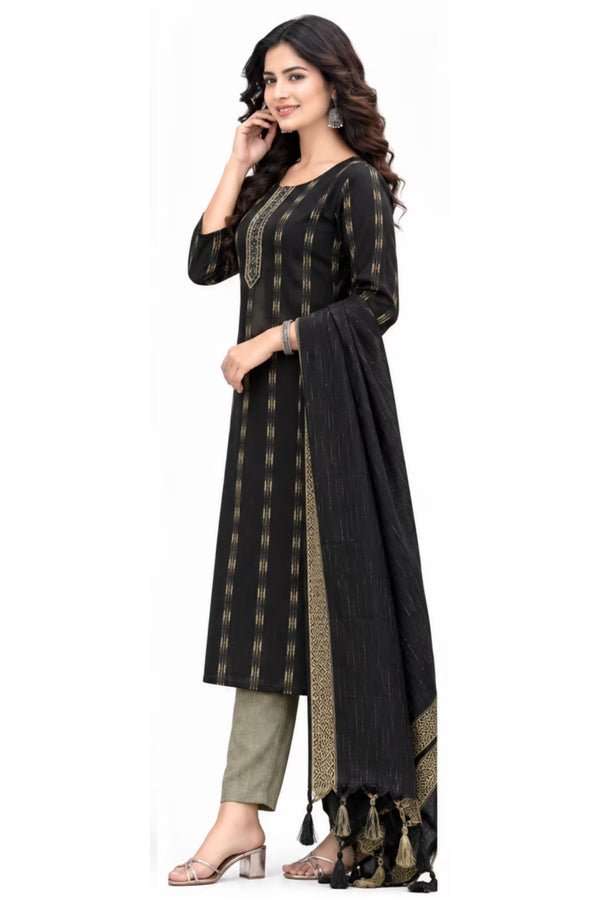 Side View - Black Cotton Straight Kurta Pant Set with Dupatta | Bavis Clothing