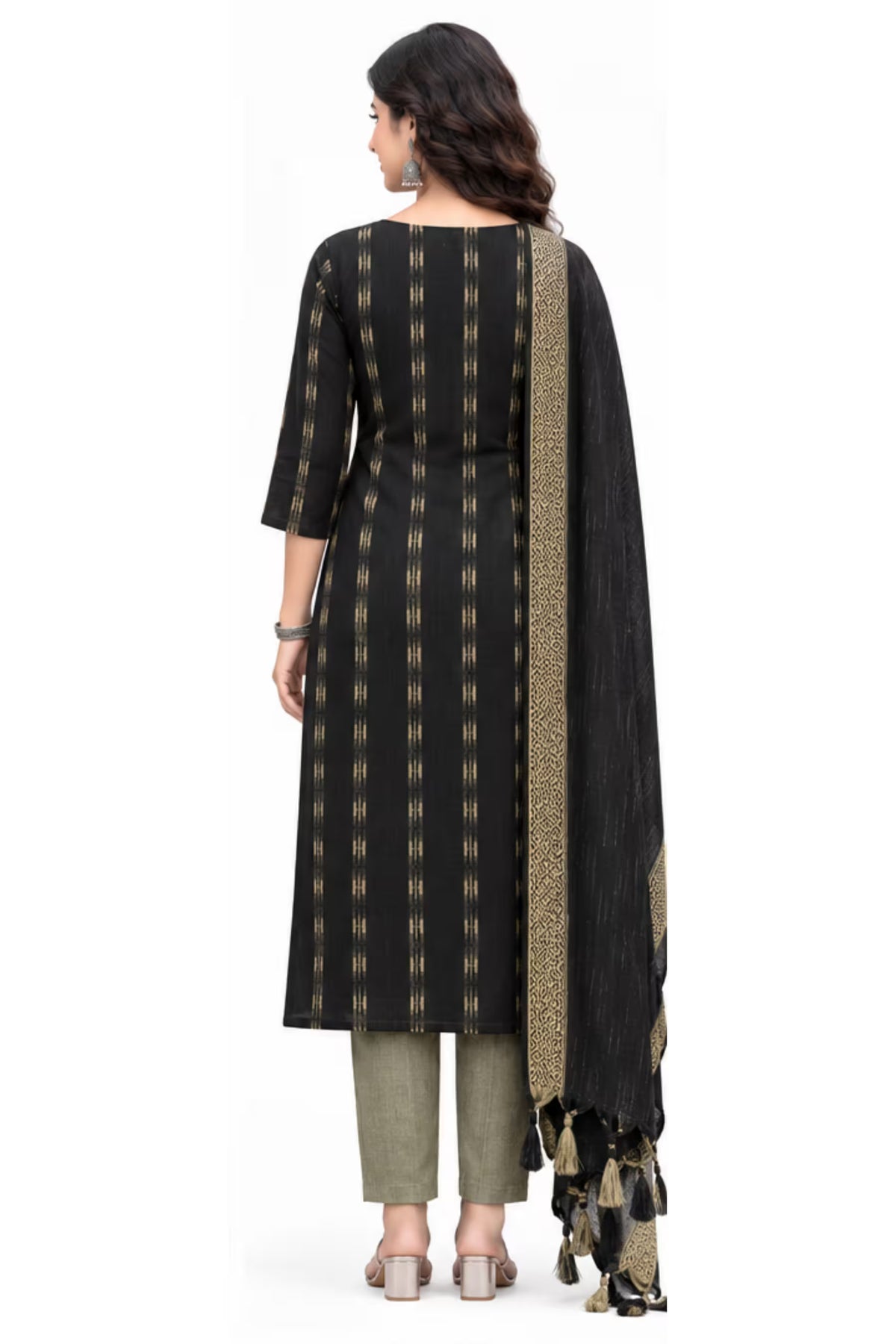 Back View - Black Cotton Straight Kurta Pant Set with Dupatta | Bavis Clothing