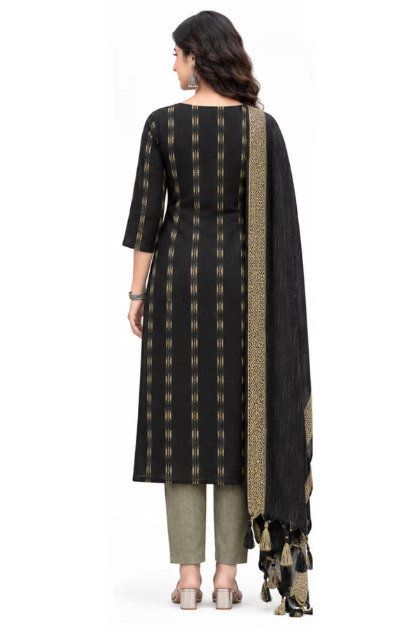 Back View - Black Cotton Straight Kurta Pant Set with Dupatta | Bavis Clothing