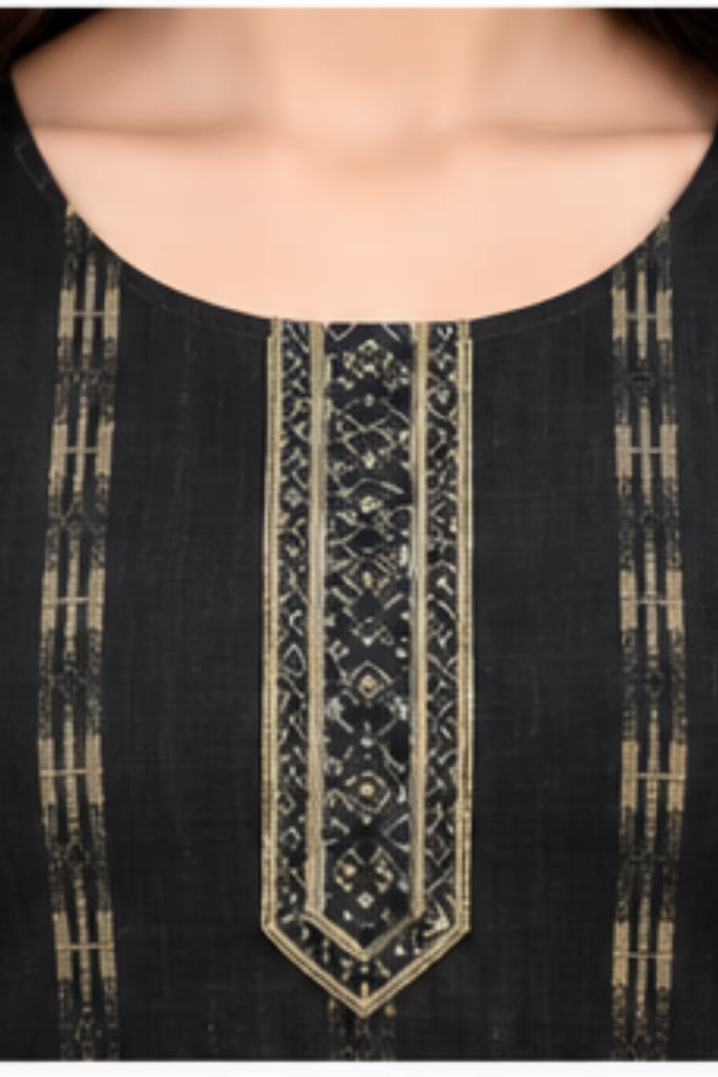 Neckline Detail - Black Cotton Straight Kurta Pant Set with Dupatta | Bavis Clothing