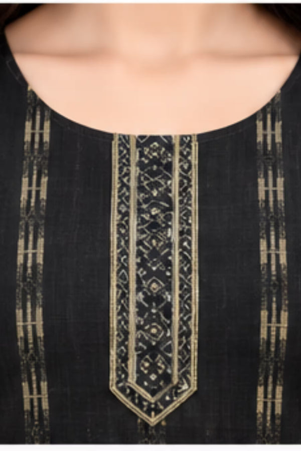 Neckline Detail - Black Cotton Straight Kurta Pant Set with Dupatta | Bavis Clothing