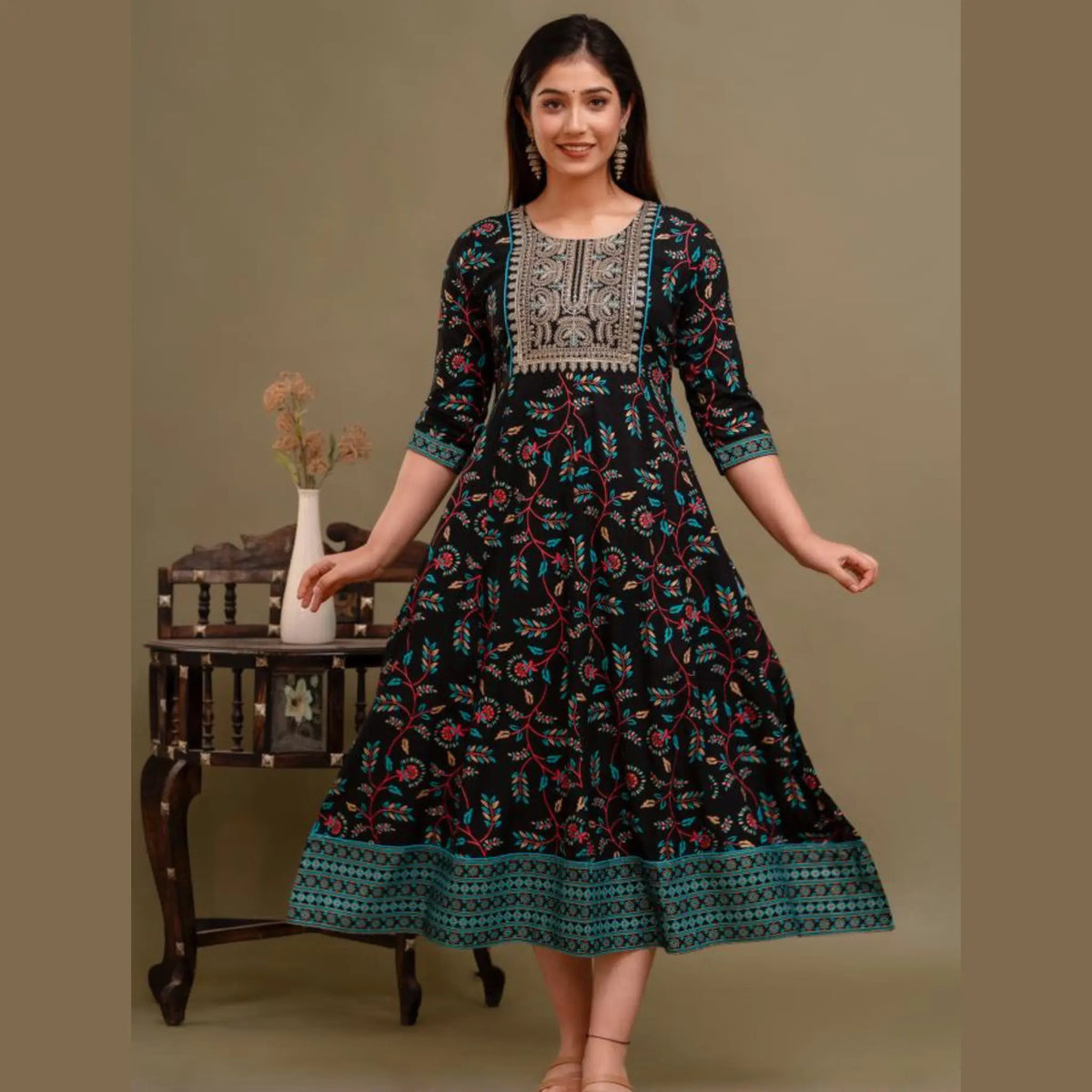 Black Floral Printed Full Flared Kurti Main image