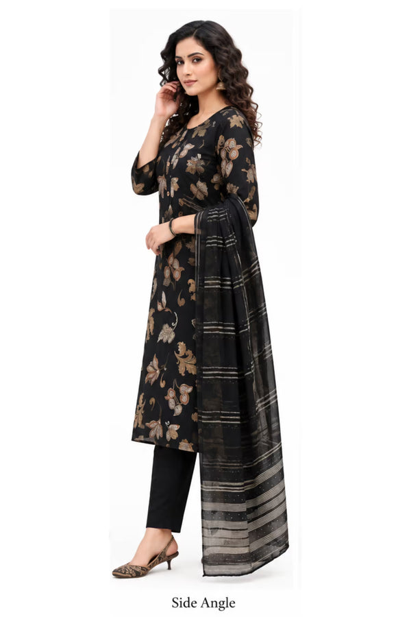 Side Angle - Black Floral Printed Kurta Pant Dupatta Set for Women | Bavis Clothing