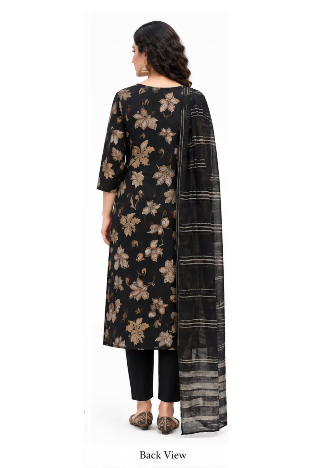 Back View - Black Floral Printed Kurta Pant Dupatta Set for Women | Bavis Clothing