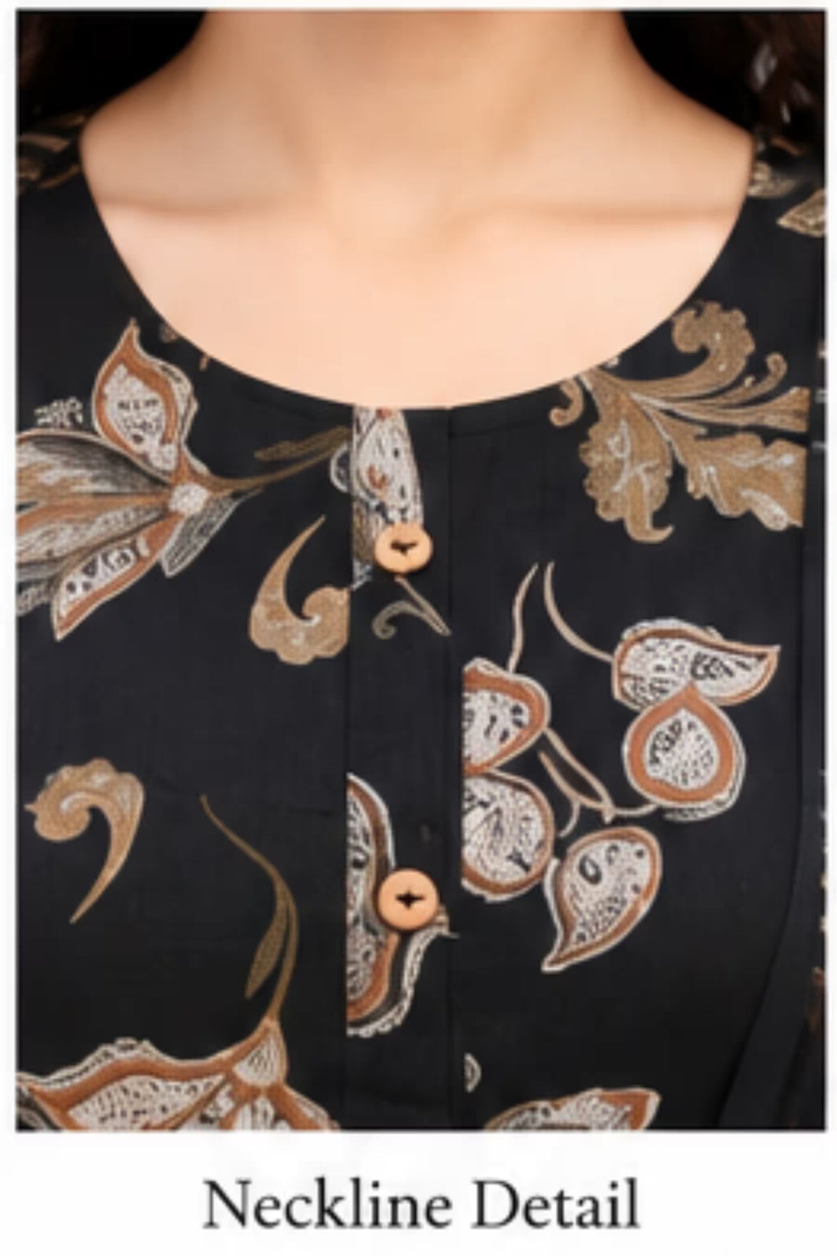 Neckline Detail - Black Floral Printed Kurta Pant Dupatta Set for Women | Bavis Clothing
