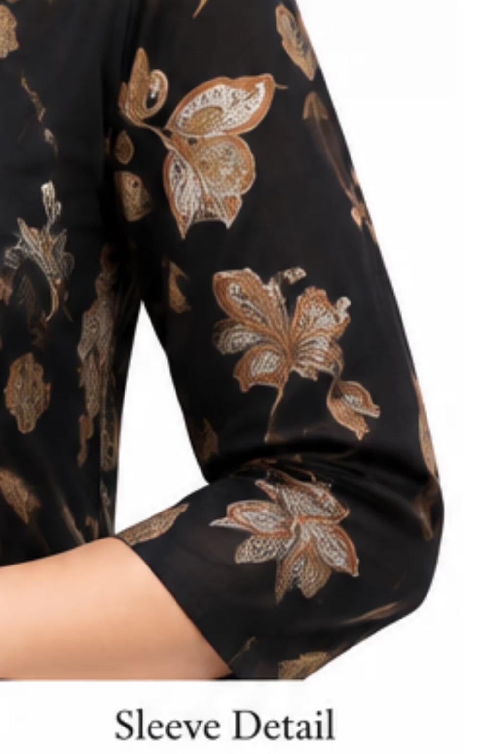 Sleeve Detail - Black Floral Printed Kurta Pant Dupatta Set for Women | Bavis Clothing