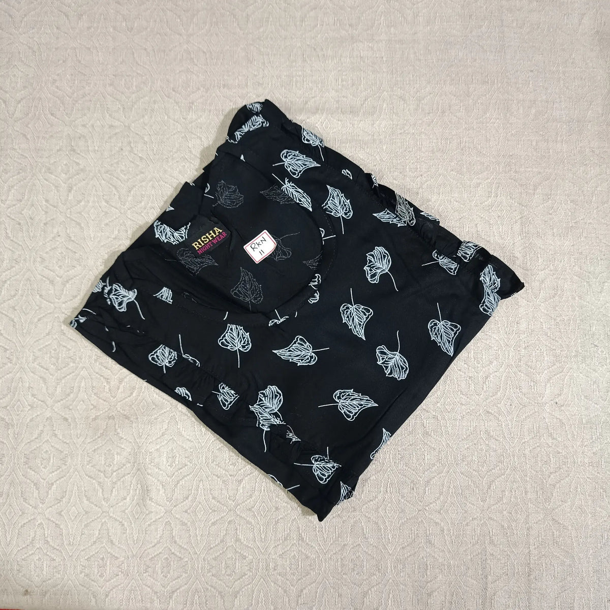 Black Leaf Printed Rayon Side Frill Nighties Main image