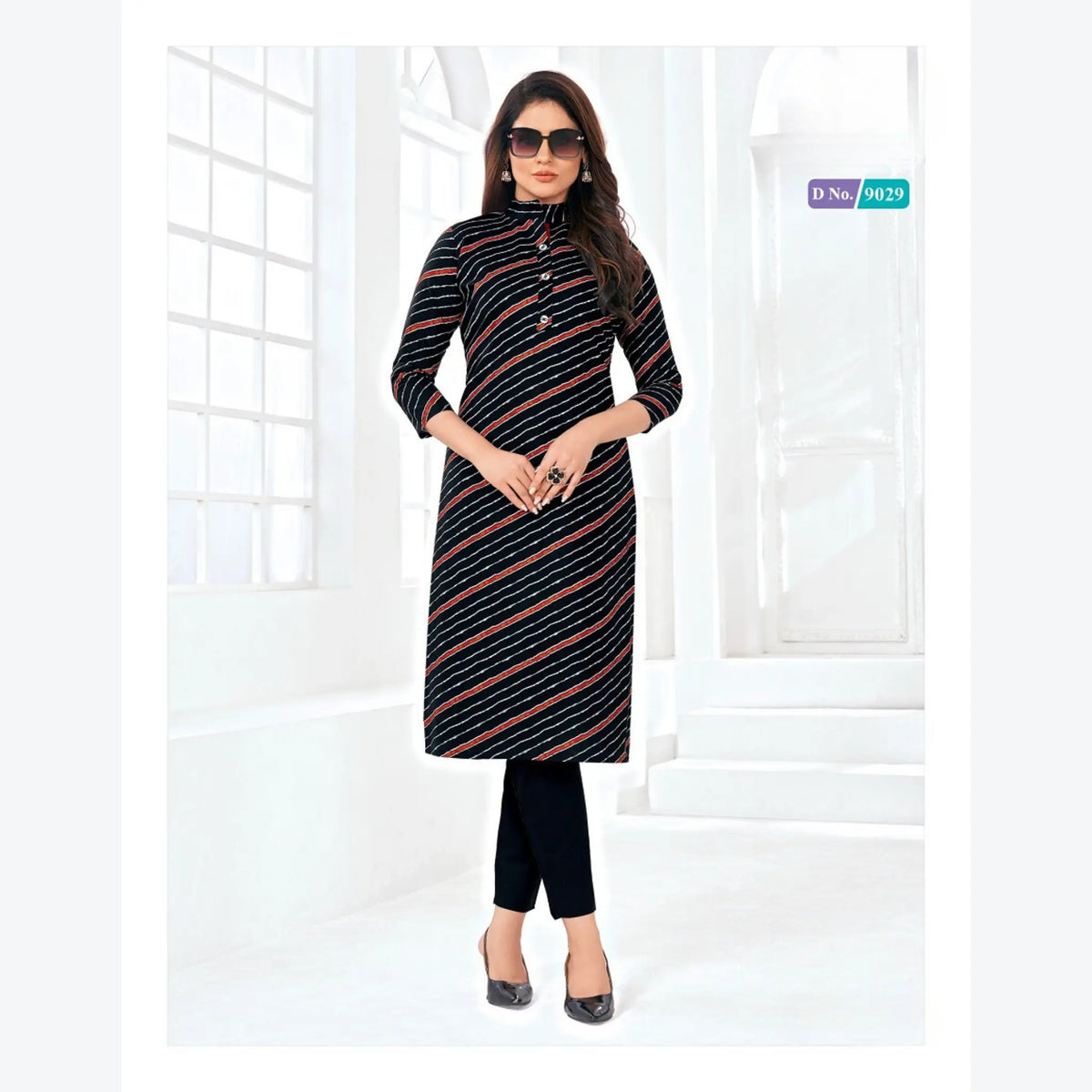 Black Mandarin Collar Cotton Kurti with Stripe Design Main image