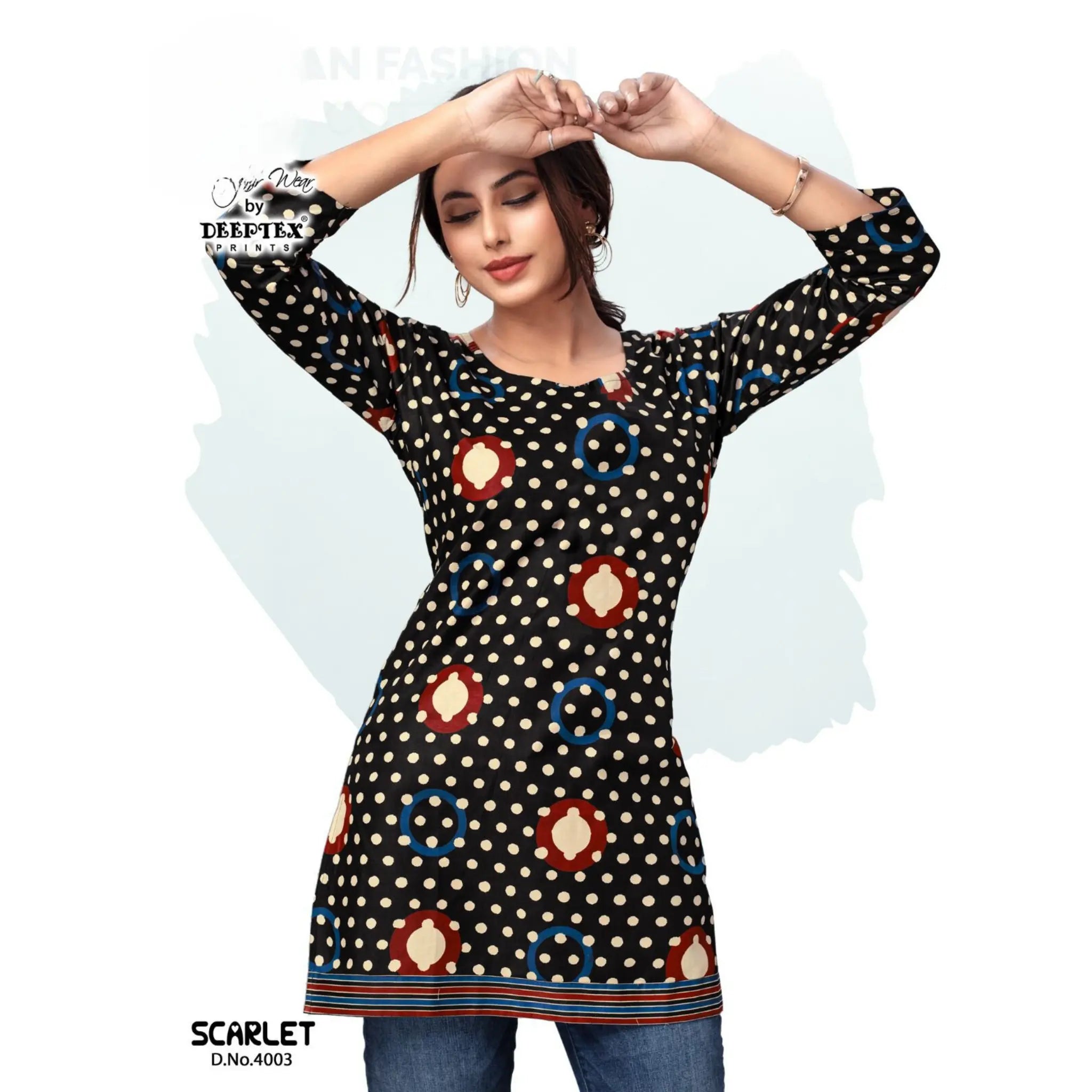 Deeptex Scarlet Black Butta Print Cotton Short Top