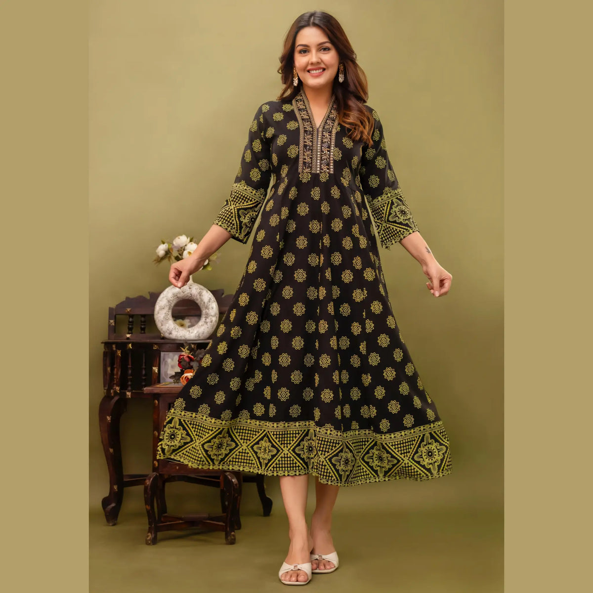 Black Ethnic Printed Anarkali Kurti for Women | Gold Motif & Border Design