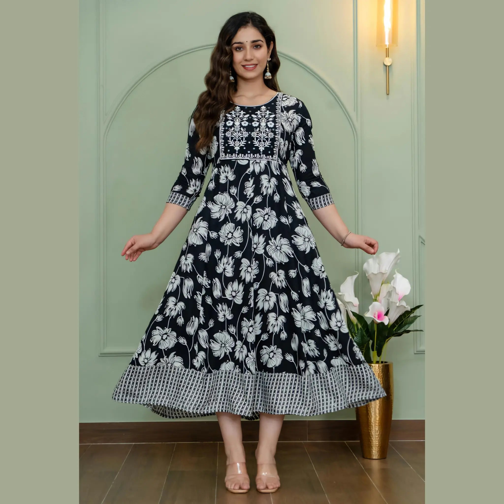 Black Floral Printed Anarkali Kurti for Women | Contrast Ethnic Design Main image