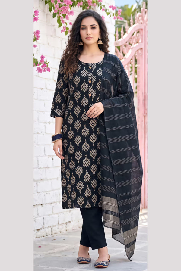 Navy Blue Leaf Print Kurta Pant Set with Striped Dupatta for Women | Bavis Clothing