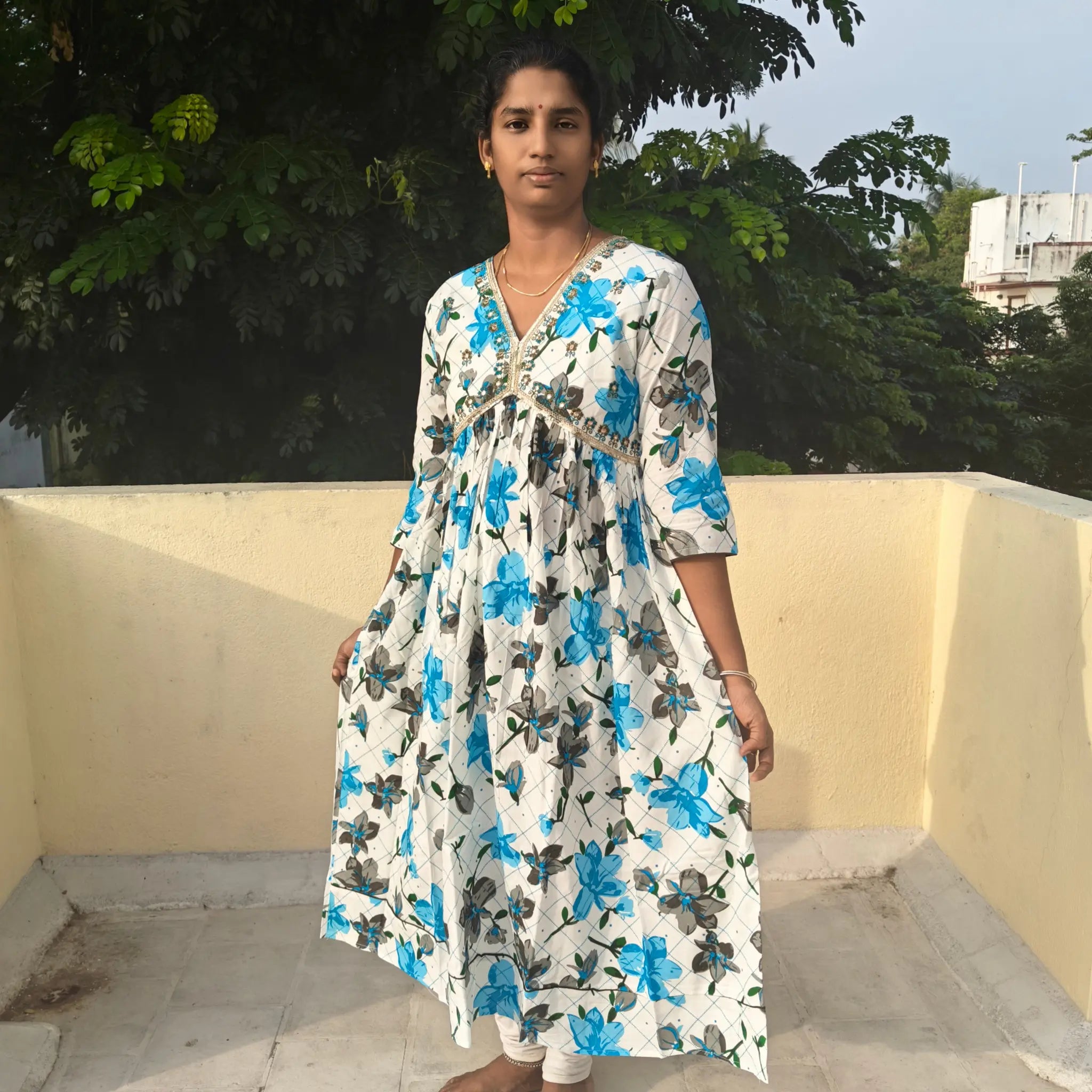 Blue Floral Print Alaya Cut Full Long Flared Kurti 523A Main image
