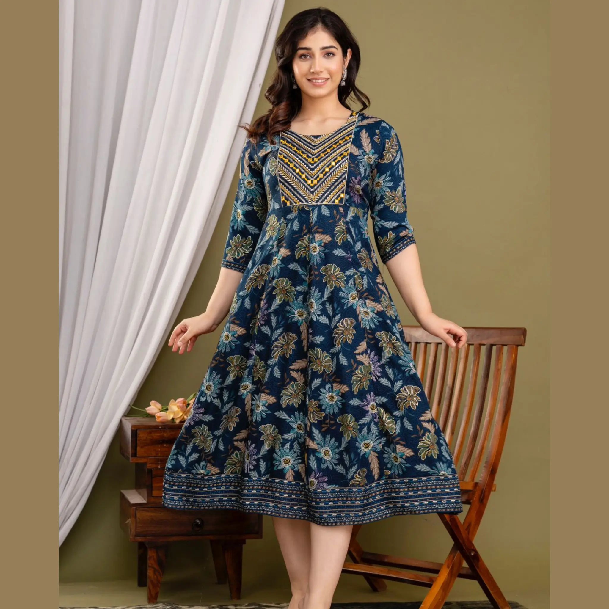 Blue Floral Printed with Embroidery Work Main image