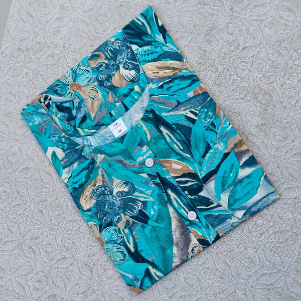 Blue Leaf Printed Rayon Short Tops with Fancy Buttons