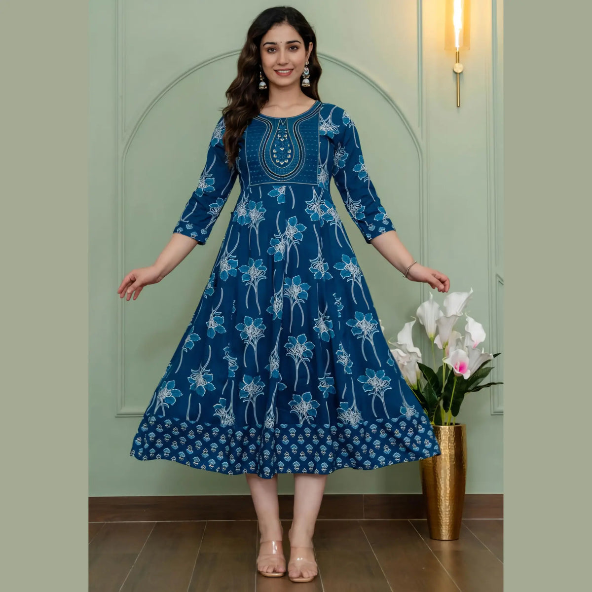 Blue Floral Printed Anarkali Kurti for Women | Ethnic Floral Motifs & Yoke Design