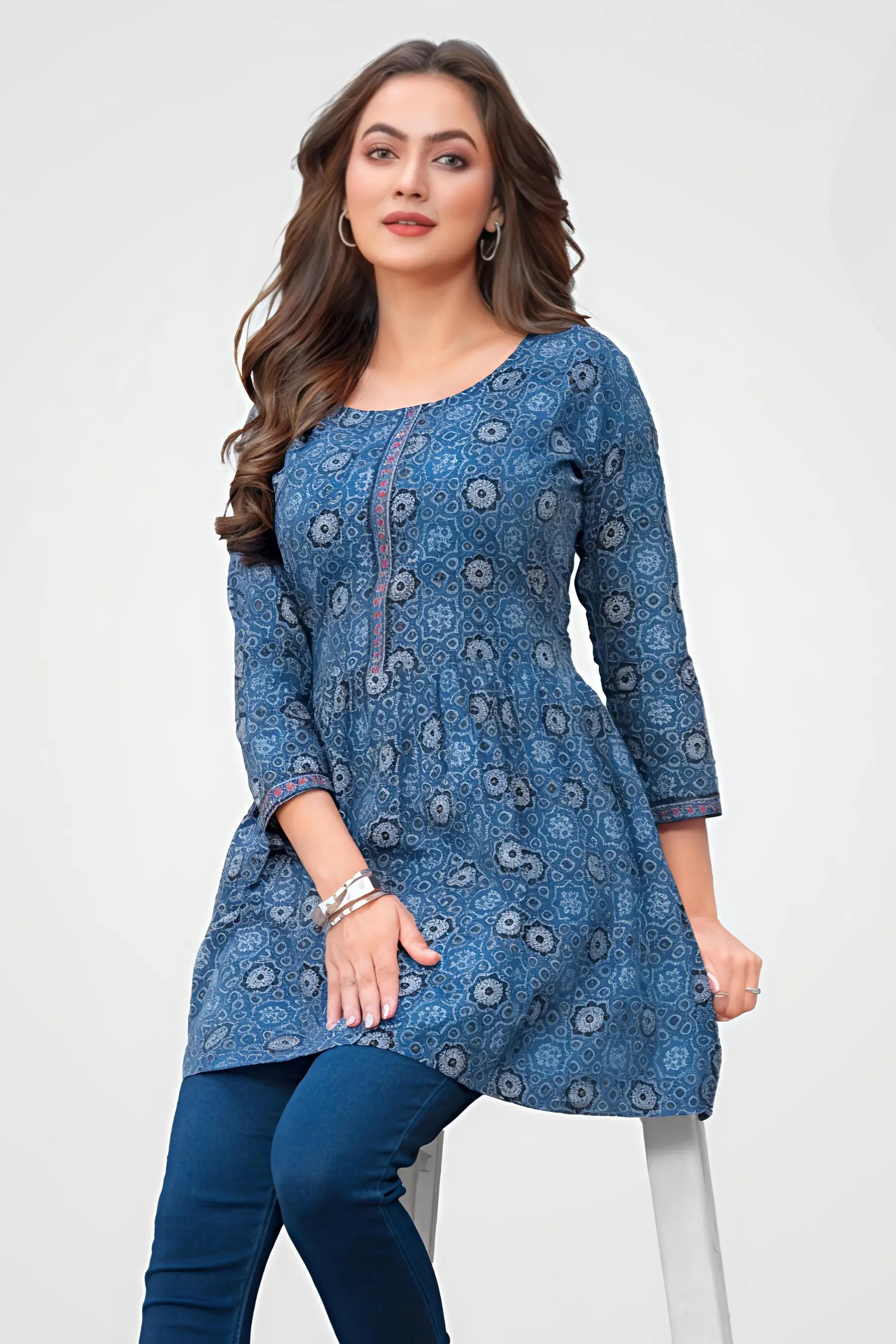 Blue Kantha Cotton Flared Tunic Top for Women Main image