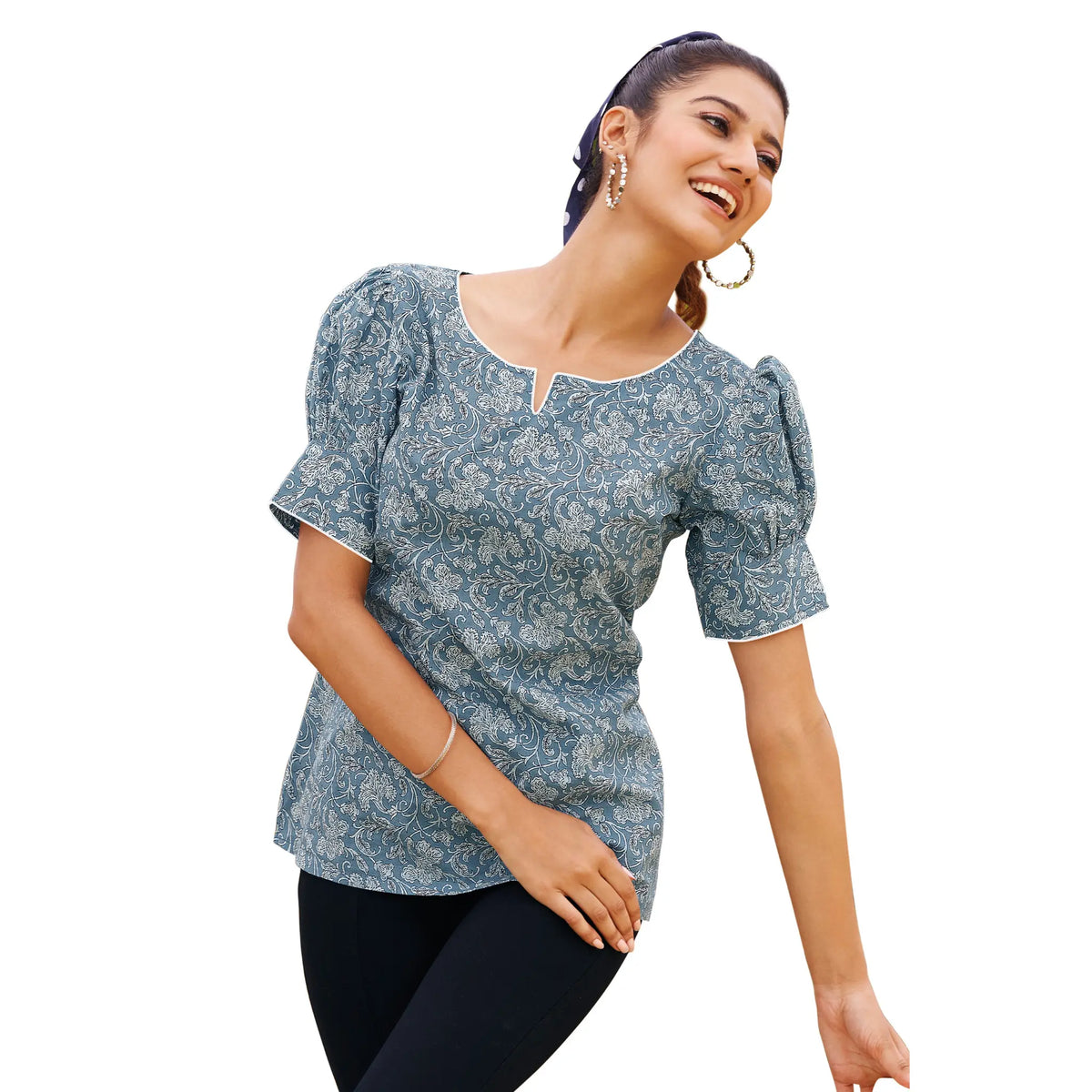Bluish Grey Printed Casual Short Tops Main image