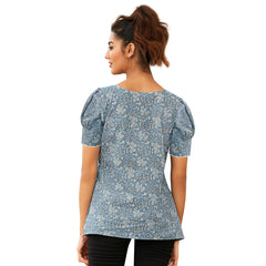 Bluish Grey Printed Casual Short Tops