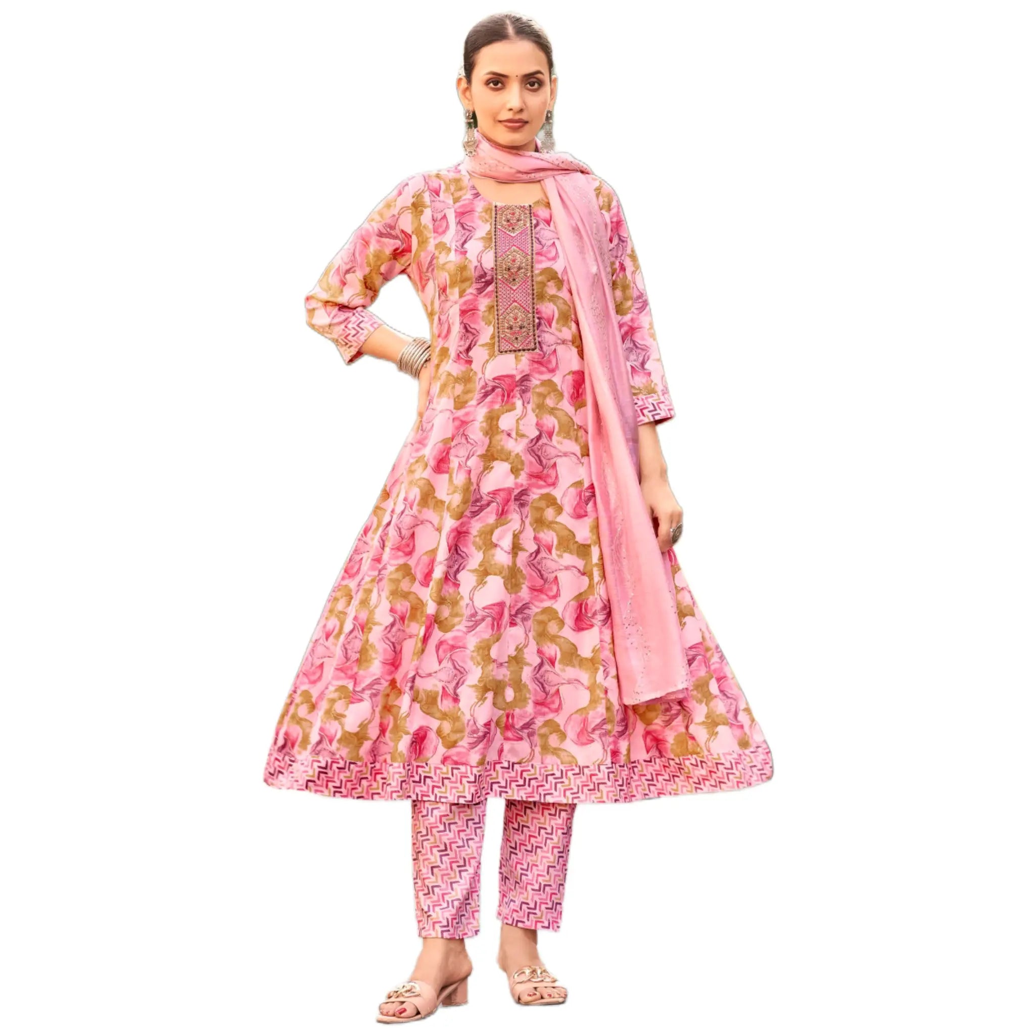 Blush Pink Floral Anarkali Suit with Embroidered Panel & Soft Dupatta Main image