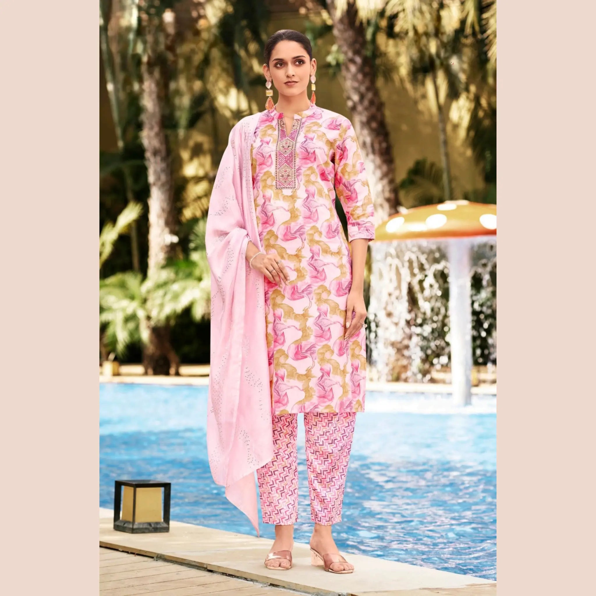 Blush Pink Floral Salwar Suit with Embroidered Panel & Sequence Work Dupatta  - Rashmika - GR269