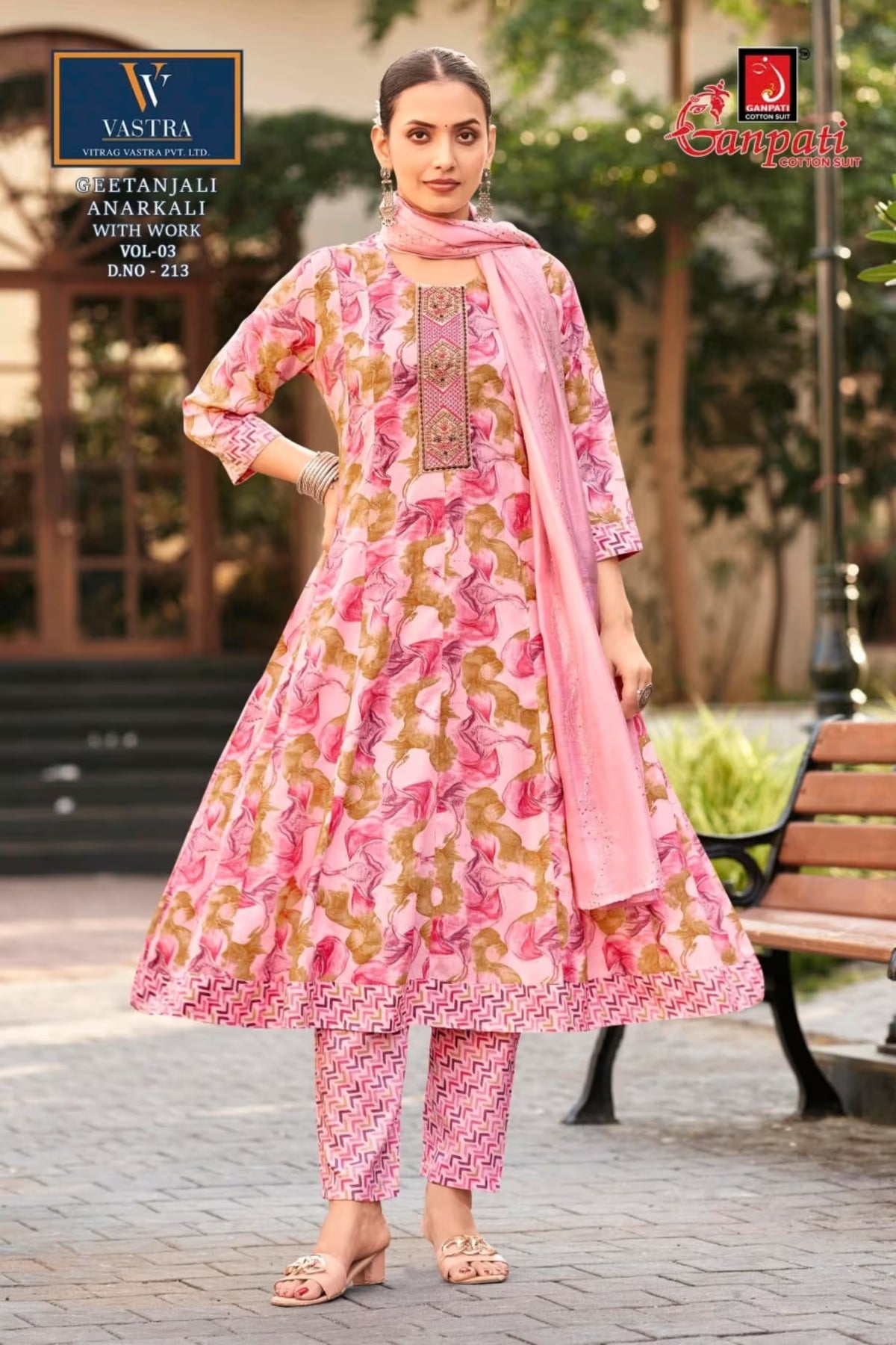 Blush Pink Floral Anarkali Suit with Embroidered Panel & Sequence Work Dupatta - Ganpati Geetanjali | Bavis Clothing 
