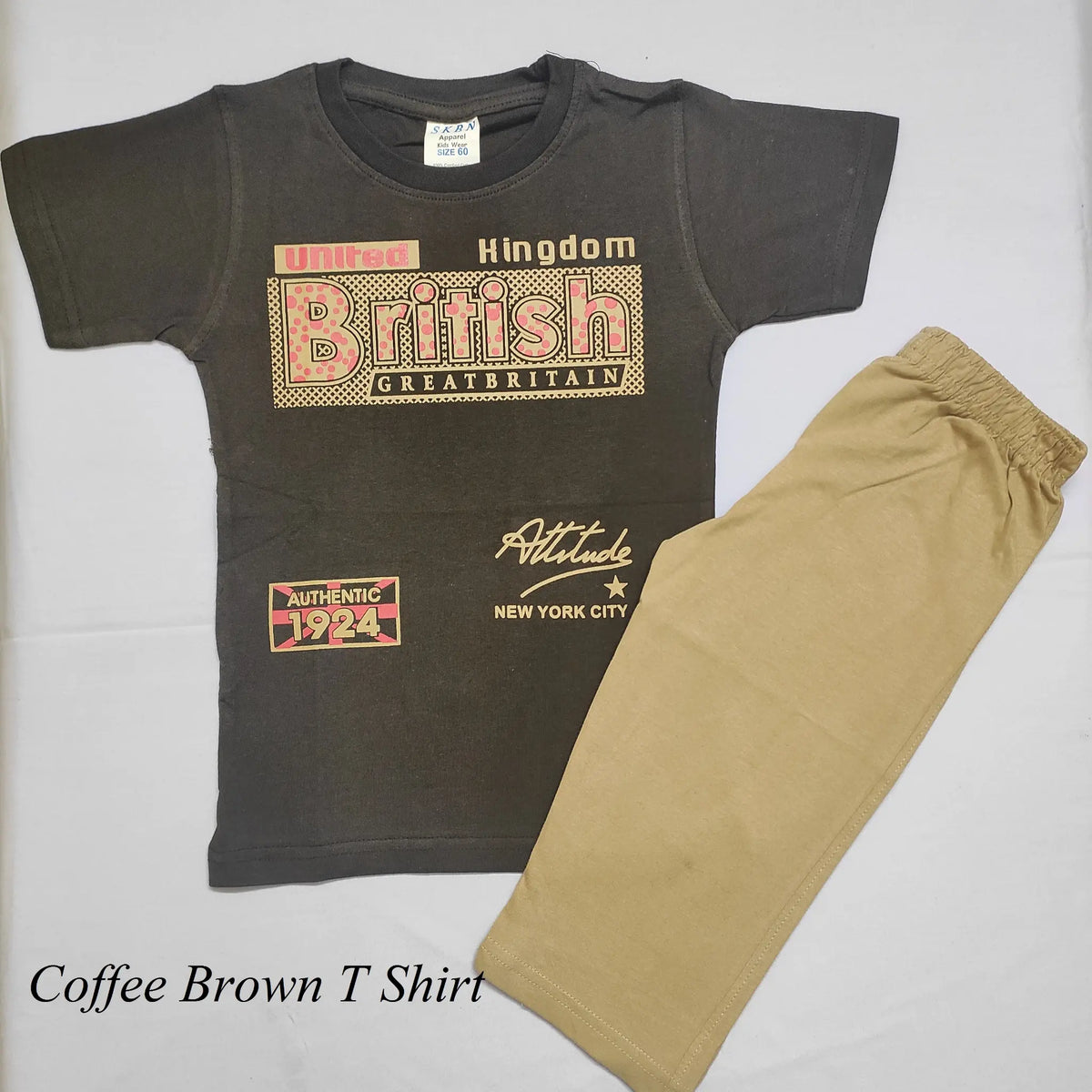 Boys Round Neck Coffee Brown Short Sleeves T Shirt with 3/4th Dark Beige Pant
