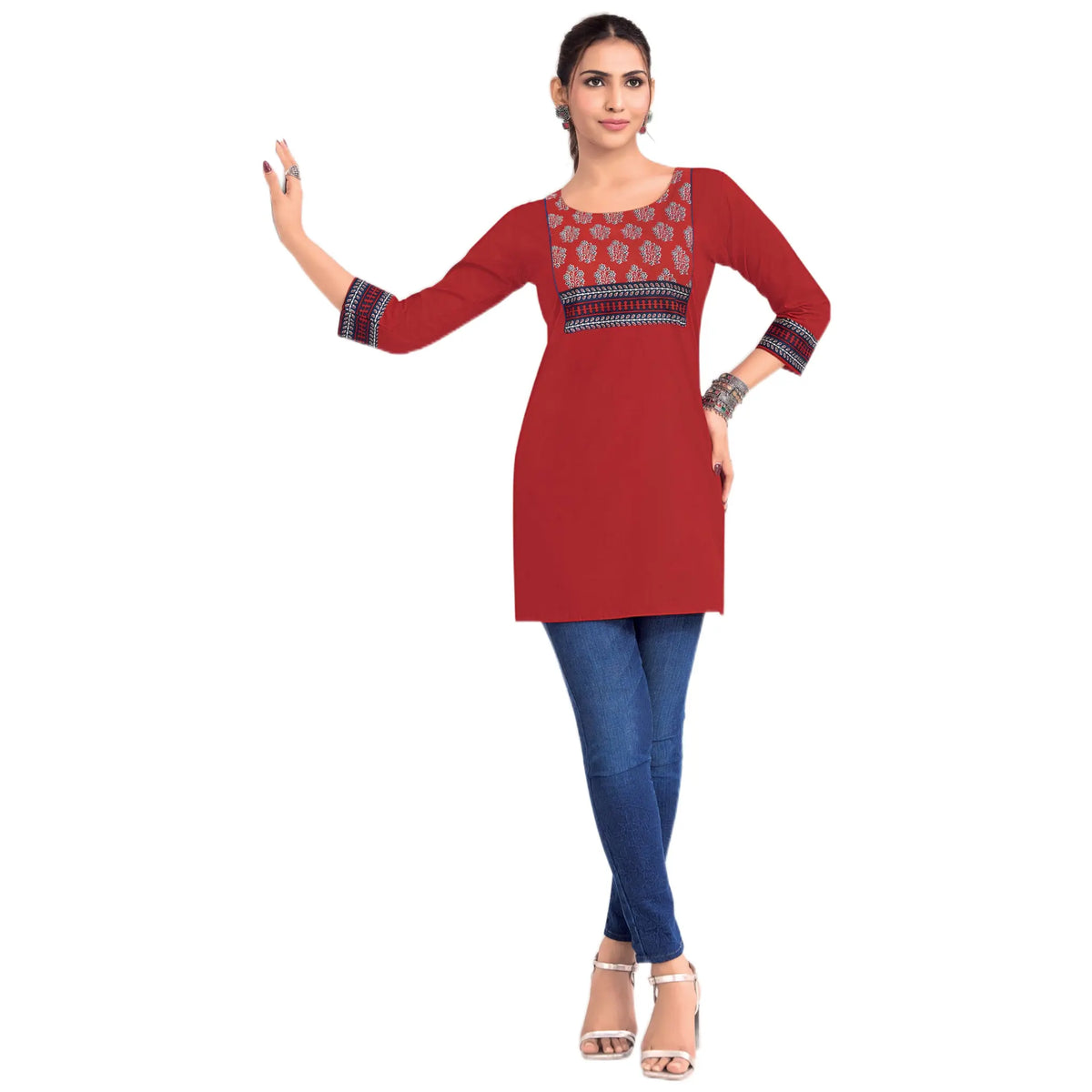 Brick Red Cotton Short Top with Indigo Ethnic Motif Yoke
