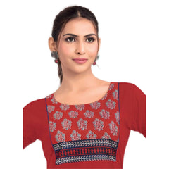 Brick Red Cotton Short Top with Indigo Ethnic Motif Yoke