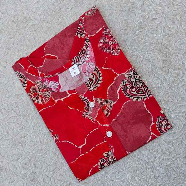 Bright Red Rayon Short tops with Fancy Button