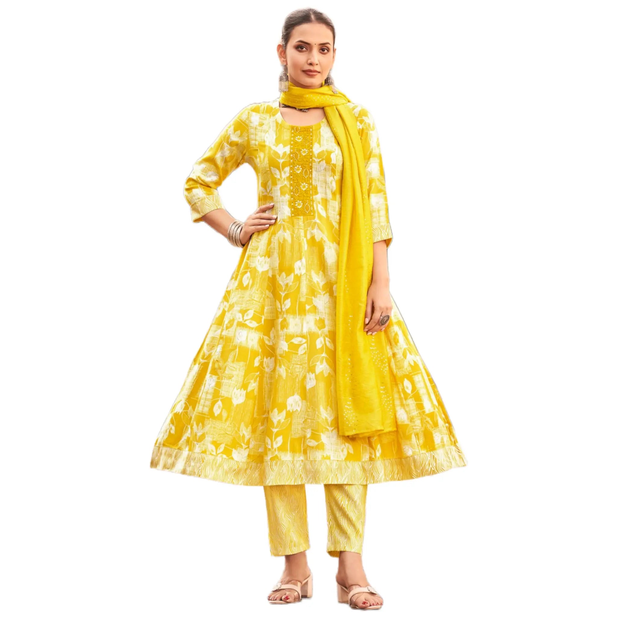 Bright Yellow Floral Anarkali Suit with Embroidered Panel & Matching Dupatta Main image