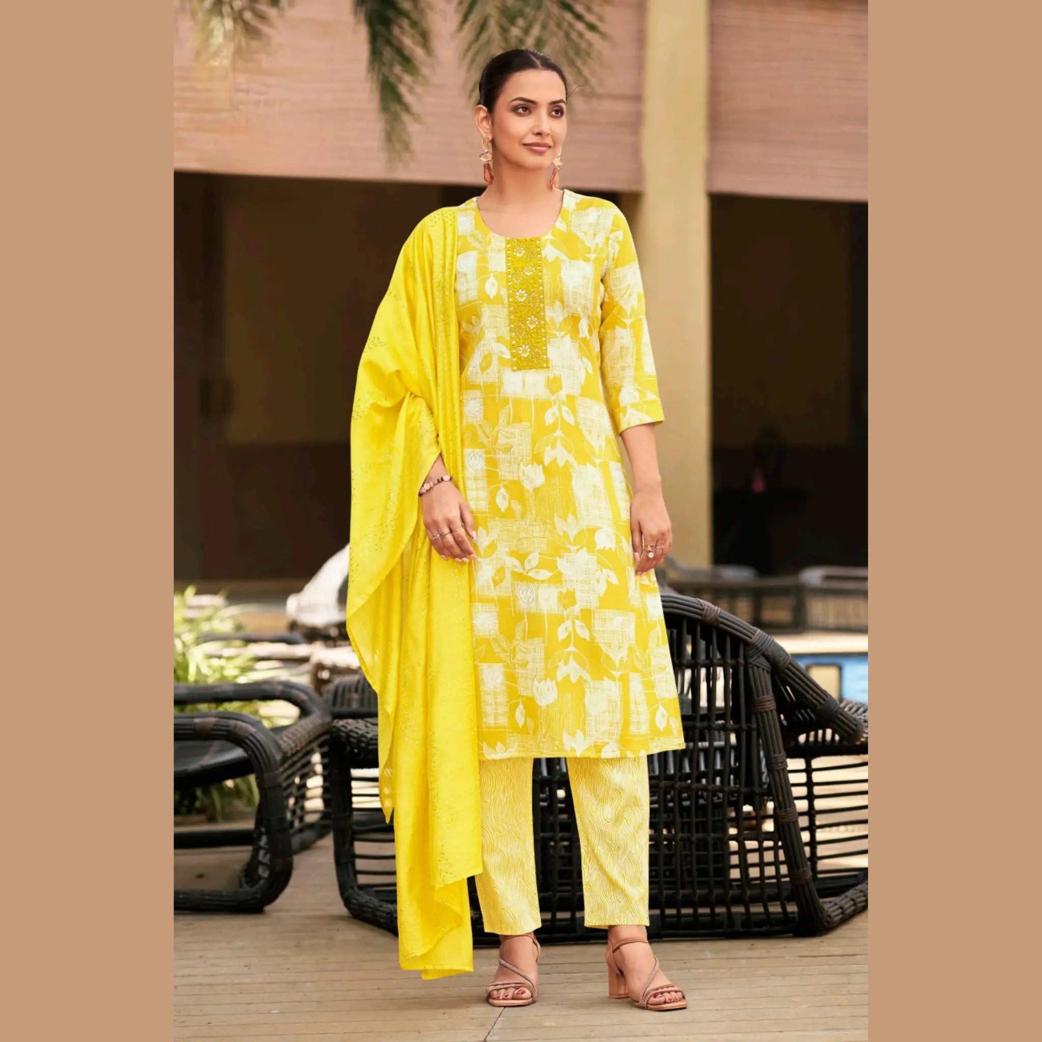 Bright Yellow Floral Print Salwar Suit with Sequence Work Dupatta  - Rashmika - GR260