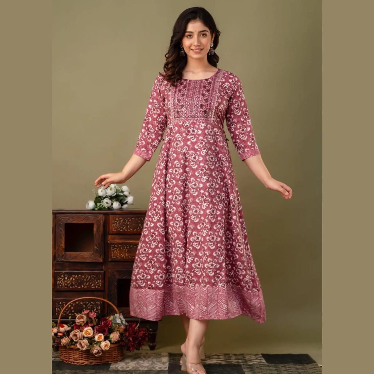 Brown Printed Full Flared Kurti with Mirror Work Main image
