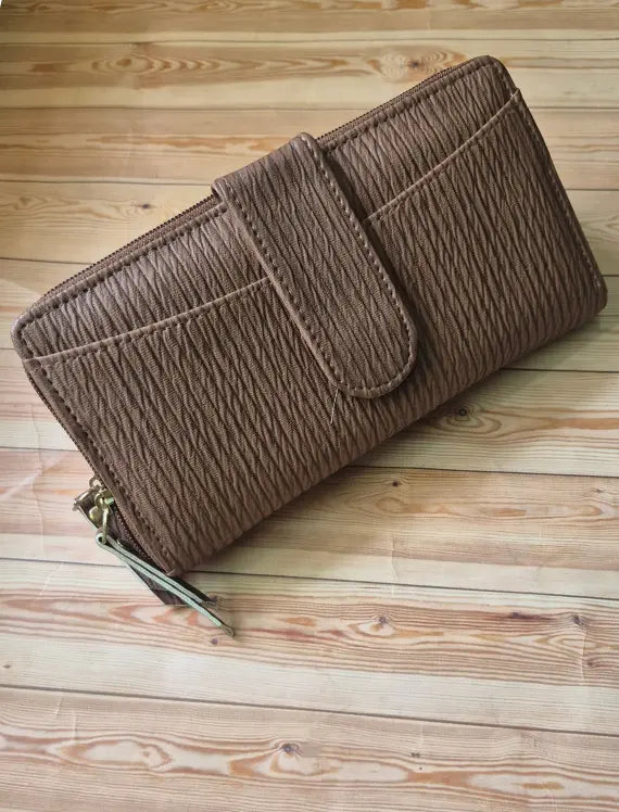 Brown Women's Long Wallet with Card Slots & Zip Closure