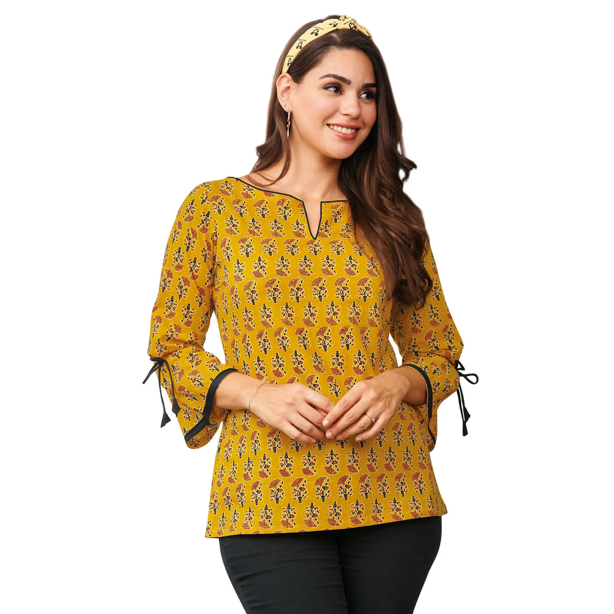 Brownish Yellow Butta Print Cotton Short Tops