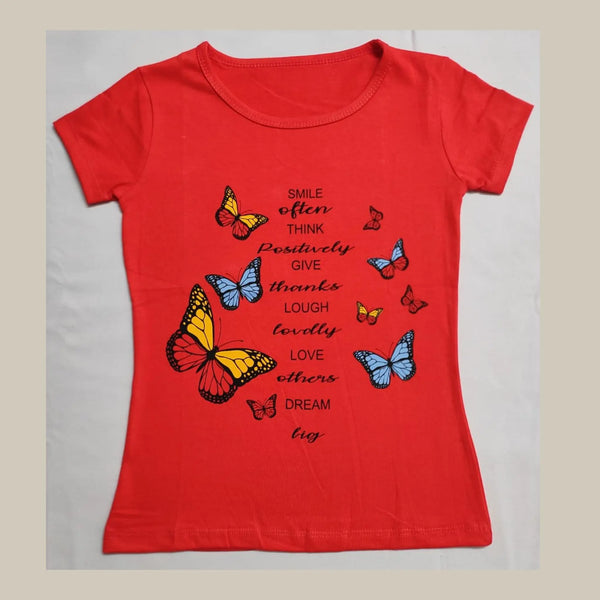 Butterfly Print Red cotton  T-shirt for Girls