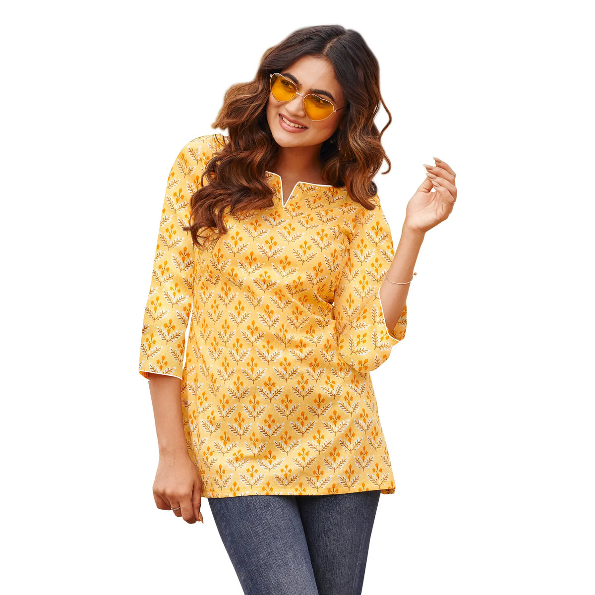 Butterscotch Yellow Printed Short Tops | Stylish Cotton Wear Main image