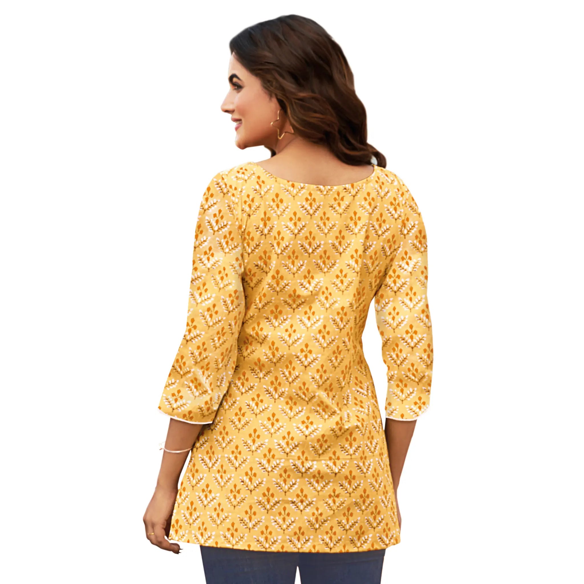 Butterscotch Yellow Printed Short Tops | Stylish Cotton Wear