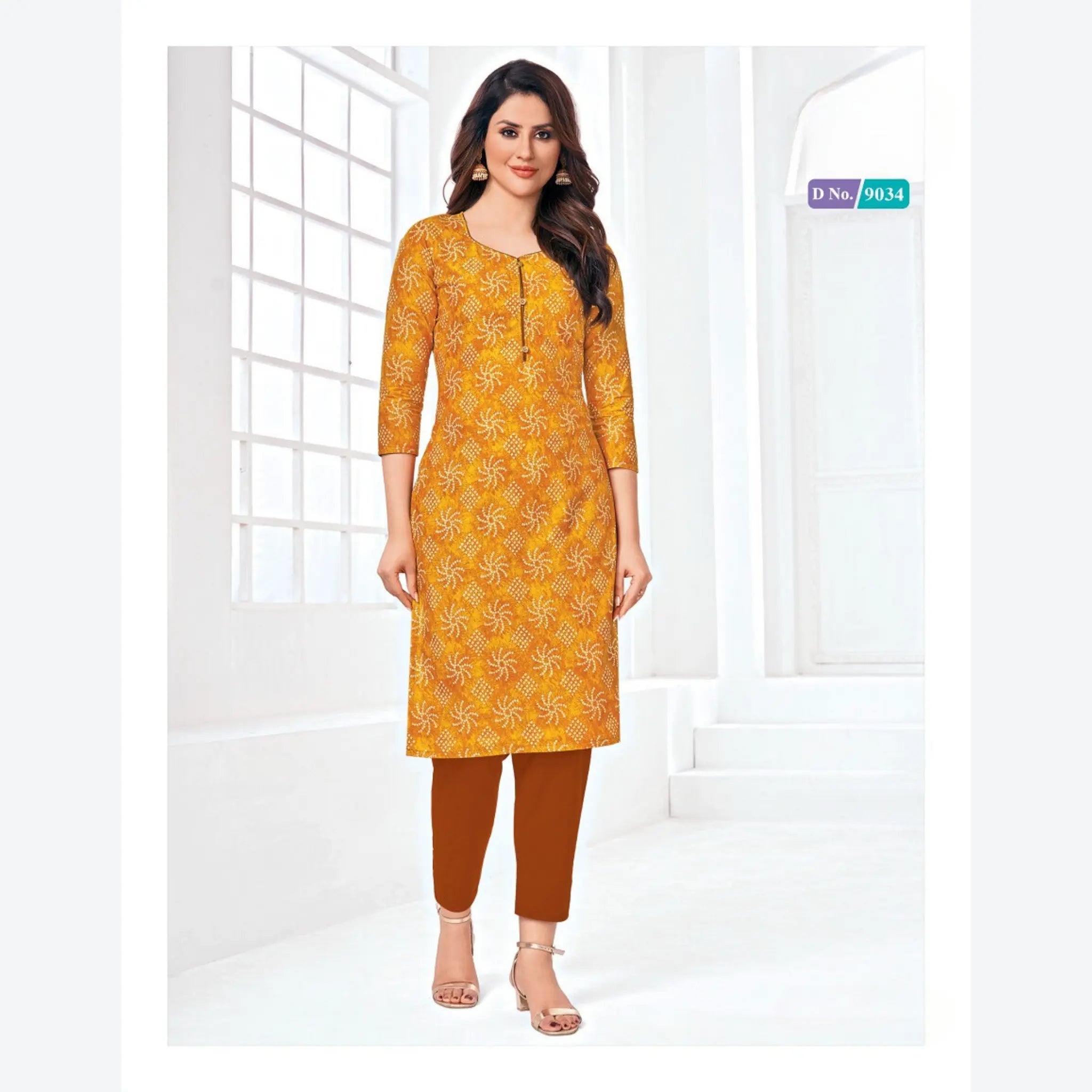 Cotton Kurti with Carrot Orange V Neck and Bandani Print | Handcrafted Main image