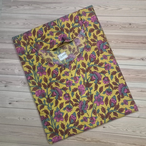 Light Mustard Floral Print Cotton Long Kurti