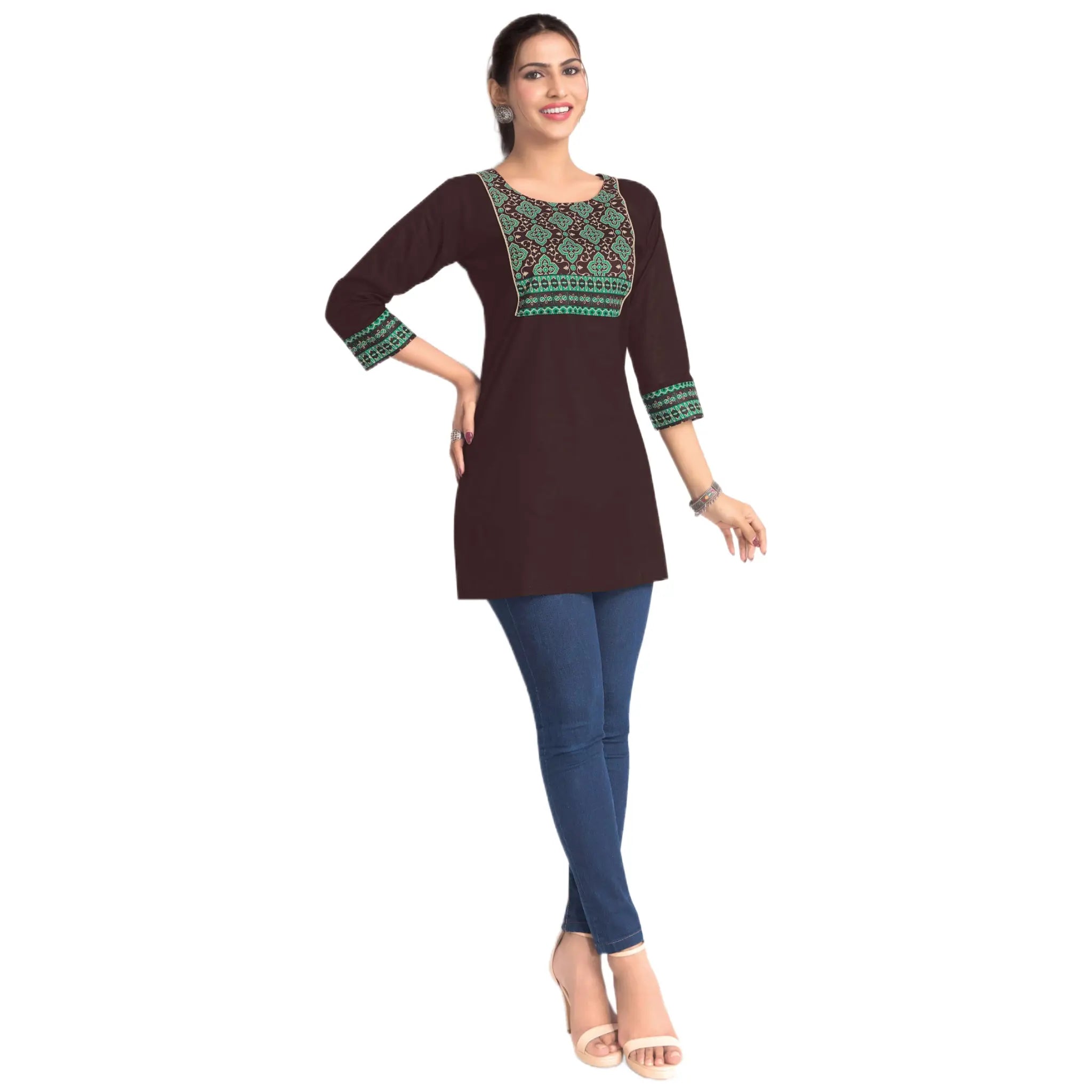 Coffee Brown Cotton Short Top with Teal Ethnic Yoke Print for Women Main image
