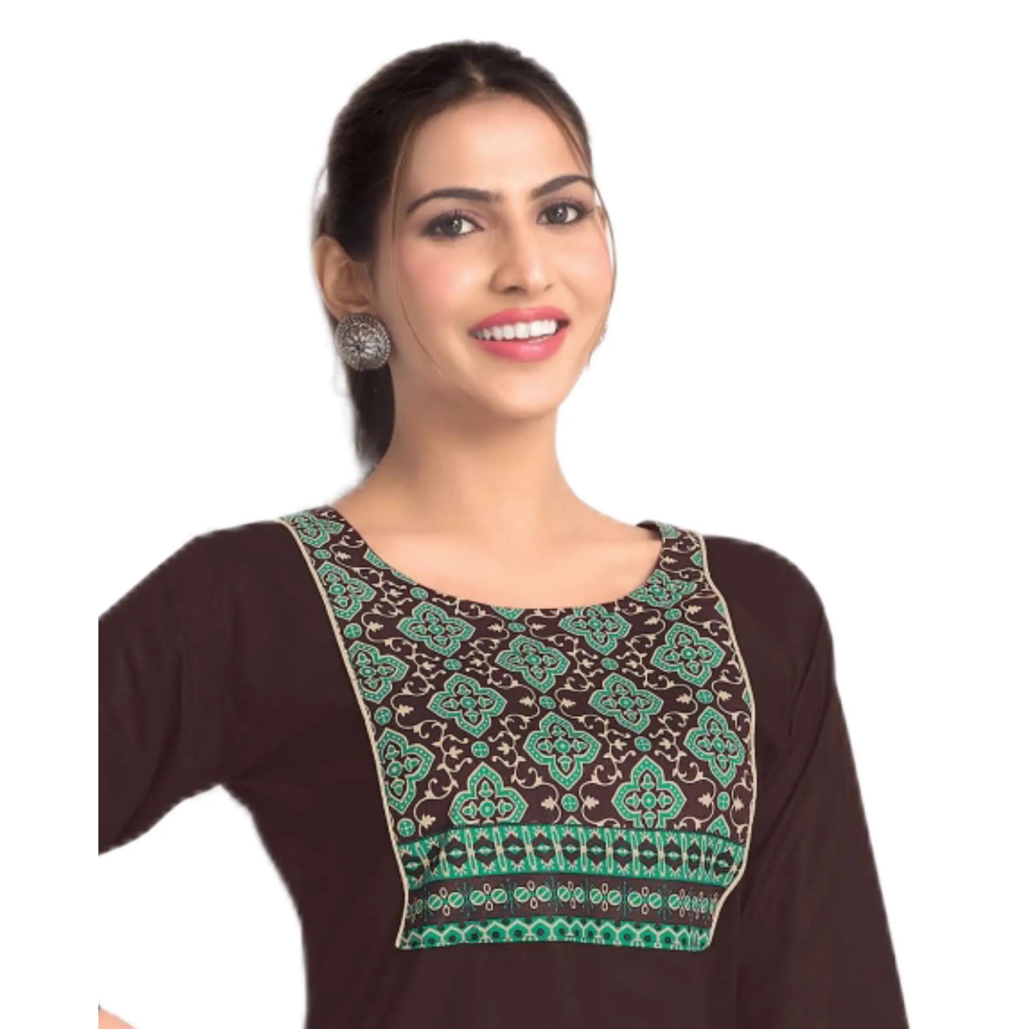 Coffee Brown Cotton Short Top with Teal Ethnic Yoke Print for Women