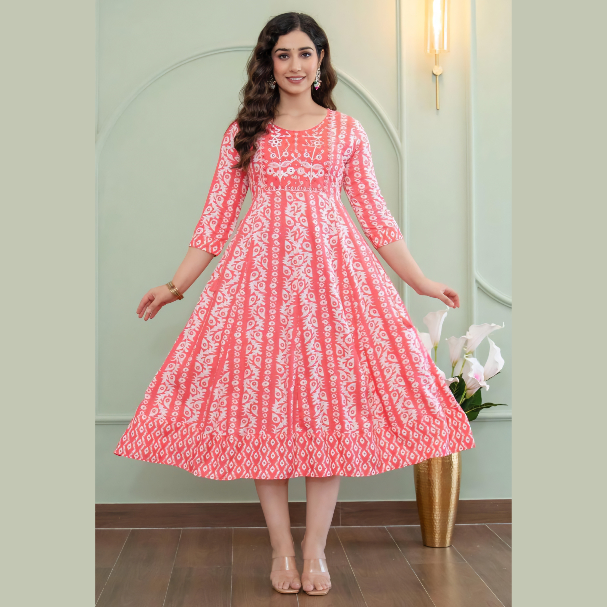 Coral Pink Ethnic Printed Anarkali Kurti for Women _ Traditional Motifs Main image