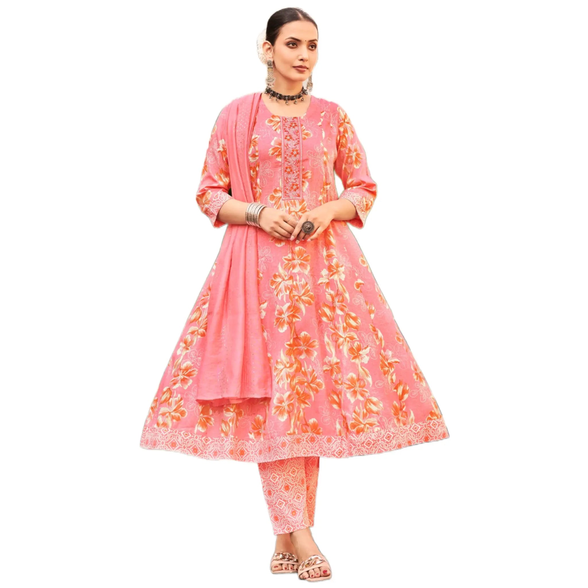 Coral Pink Floral Anarkali Suit with Embroidered Front Panel & Dupatta Main image